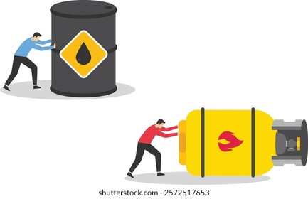 Competition. Enterprising businessman pushes barrels oil and gas cylinder. Direction to victory. Winning strategy business concept. Effective achievement. Flat vector illustration.

