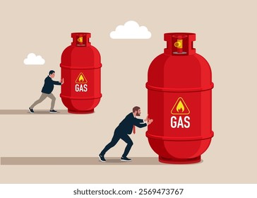 Competition. Enterprising businessman pushes gas cylinder. Direction to victory. Winning strategy business concept. Effective achievement. Crisis gas. Flat vector illustration.