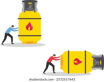 Competition. Enterprising businessman pushes gas cylinder. Direction to victory. Winning strategy business concept. Effective achievement. Crisis gas. Flat vector illustration.

