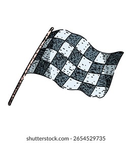 Dibujado a mano. Acabado de velocidad, pista de inicio, batuta de competición de sprint, boceto de Vector de la carrera de la bandera. ilustración a color aislada