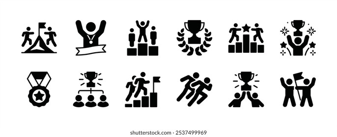 Competition flat icon set. Containing run, winner, achievement, trophy, victory, medal, goal, business career, teamwork, success, champion, mountain peak, running, celebrate. Vector illustration