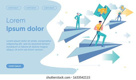 Competition Flat Landing Page Vector Template. Rivalry, Idea Search, Solution Pursuit Metaphor. Businesspeople on Paper Airplanes Faceless Characters. Business Race Homepage Layout