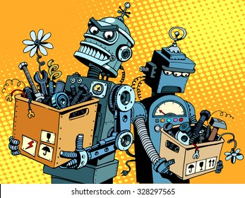 Competition of gadgets and new technologies pop art retro style. Evil robot comes to work. Sad robot retires