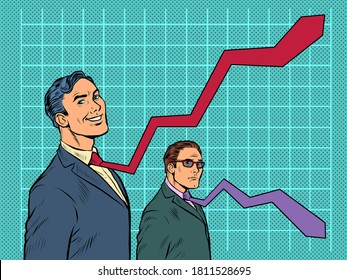 competition of graphs in business, ties of businessmen as curves of indicators. Pop art retro vector illustration 50s 60s kitsch vintage style