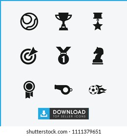 Competition icon. collection of 9 competition filled icons such as football ball, horse chess, medal with star, volleyball. editable competition icons for web and mobile.