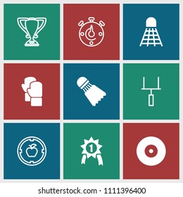Competition icon. collection of 9 competition filled and outline icons such as shuttlecock, number 1 medal, apple target. editable competition icons for web and mobile.