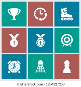 Competition icon. collection of 9 competition filled icons such as chess pawn, trophy, number 1 medal, stopwatch, roller skate. editable competition icons for web and mobile.