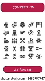 competition icon set. 25 filled competition icons.  Collection Of - Glove, Billiards, Soccer, Gloves, Volleyball net, Stopclock, Checker, Whistle, Target, Trophy, Bowling, Bowling pins