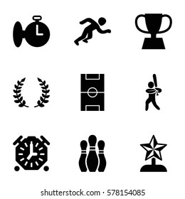 competition icon. Set of 9 competition filled icons such as baseball player, trophy, football pitch, olive branch, running, bowling, stopwatch