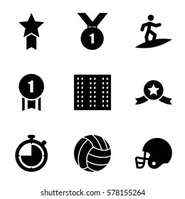 competition icon. Set of 9 competition filled icons such as field, volleyball, american football helmet, surfing, stopwatch, number 1 medal