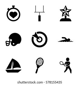 competition icon. Set of 9 competition filled icons such as sailboat, stopwatch, tennis playing, goal post, tennis rocket, american football helmet, swimmer, target