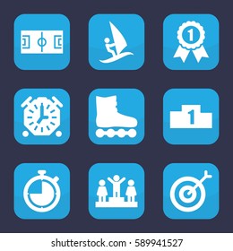 competition icon. Set of 9 filled competition icons such as ranking, surfing, stopwatch, target, number 1 medal, roller skate