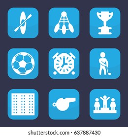 Competition icon. set of 9 filled competition icons such as field, ranking, golf player, whistle, rowing, fotball, stopwatch, trophy