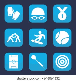 Competition icon. set of 9 filled competition icons such as snowboard, football pitch, swimming hat and glasses, dart, judo, boxing gloves, tennis ball, number 1 medal