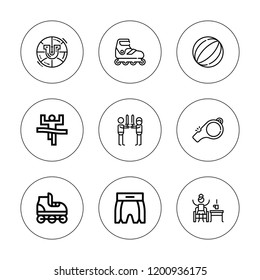 Competition icon set. collection of 9 outline competition icons with ball, basketball, boxing shorts, golf, rivalry, roller skate, whistle icons. editable icons.