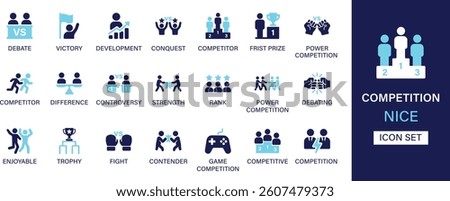 Competition icon set collection. Debate, victor, conquest, competitor, first prize, competitor, difference, controversy, strength and best solid icon set.