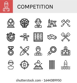 competition icon set. Collection of Swimmer, Award, Hockey helmet, Golfer, Chess, Golf, Timer, Paintball gun, Swimming pool, Racing car, Oars, Medal, Kayak, Referee, Puck icons