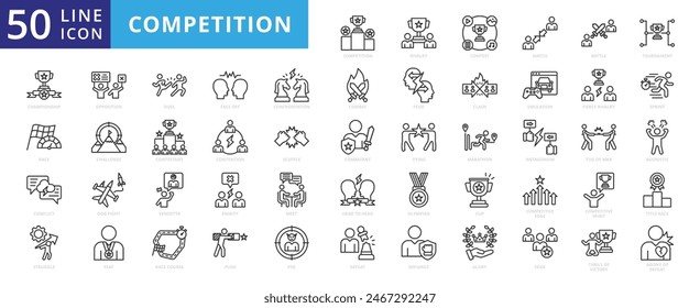 Competition icon set with rivalry, contest, match, battle, tournament, championship, race, conflict, struggle and opposition.