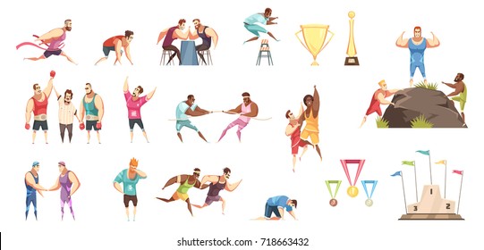 Competition icons retro cartoon collection with flat isolated field event sportsman characters medals stand and cups vector illustration