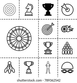 Competition icons. set of 13 editable outline competition icons such as trophy, bowling, shuttlecock, target, basketball, swimming hat and glasses, horse chess, exercising