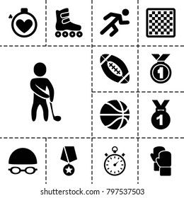 Competition icons. set of 13 editable filled competition icons such as medal, chess board, running, golf player, stopwatch, swimming hat and glasses, american football