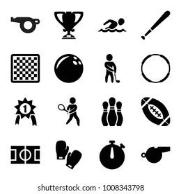 Competition icons. set of 16 editable filled competition icons such as chess board, bowling ball, hoop, tennis playing, golf player, trophy, whistle, boxing gloves