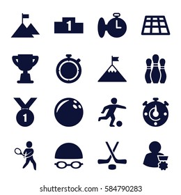 competition icons set. Set of 16 competition filled icons such as tennis playing, hockey, swimming hat and glasses, football player, bowling, trophy, stopwatch, ranking
