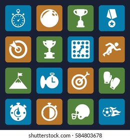 competition icons set. Set of 16 competition filled icons such as board game, football ball, stopwatch, running, boxing gloves, american football helmet, target