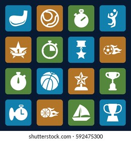 competition icons set. Set of 16 competition filled icons such as sailboat, trophy, volleyball player, football ball, basketball, 1st place star, golf stick, stopwatch