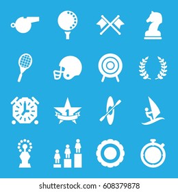 Competition icons set. set of 16 competition filled icons such as ranking, target, 1st place star, tennis rocket, golf ball, olive branch, whistle, rowing