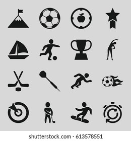 Competition icons set. set of 16 competition filled icons such as exercising, sailboat, golf player, snowboard, trophy, football ball, hockey, dart, running, football player