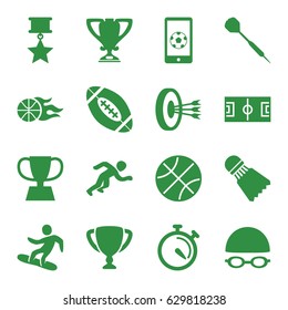 Competition icons set. set of 16 competition filled icons such as stopwatch, snowboard, trophy, basketball, football on phone, swimming hat and glasses, dart, running