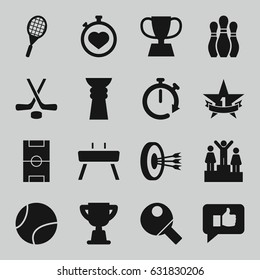 Competition icons set. set of 16 competition filled icons such as stopwatch, trophy, football pitch, 1st place star, tennis rocket, gymnastic apparatus, hockey, table tennis