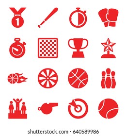 Competition icons set. set of 16 competition filled icons such as stopwatch, trophy, basketball, whistle, baseball bat, tennis ball, bowling, target, ranking, star trophy