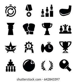 Competition icons set. set of 16 competition filled icons such as ranking, trophy, 1st place star, olive branch, golf stick, table tennis, stopwatch, number 1 medal
