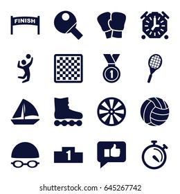 Competition icons set. set of 16 competition filled icons such as sailboat, stopwatch, volleyball player, medal, tennis rocket, swimming hat and glasses, volleyball