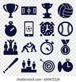 Competition icons set. set of 16 competition filled icons such as target, stopwatch, medal, football on phone, ranking, judo, baseball, baseball bat, volleyball, trophy