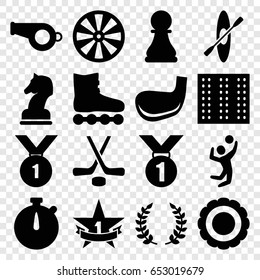 Competition icons set. set of 16 competition filled icons such as field, volleyball player, 1st place star, hockey, olive branch, chess pawn, rowing, golf stick, horse chess