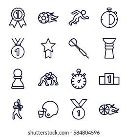 competition icons set. Set of 16 competition outline icons such as stopwatch, baseball player, football ball, basketball, dart, running, judo, chess pawn