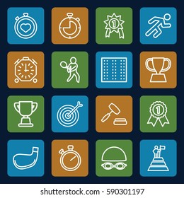 competition icons set. Set of 16 competition outline icons such as field, stopwatch, running, auction, trophy, tennis playing, swimming hat and glasses, golf stick