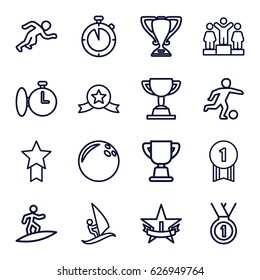 Competition icons set. set of 16 competition outline icons such as ranking, trophy, surfing, stopwatch, medal, 1st place star, running, football player, number 1 medal