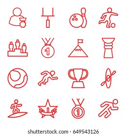 Competition icons set. set of 16 competition outline icons such as running, surfing, trophy, medal, ranking, 1st place star, goal post, football player, rowing, bowling