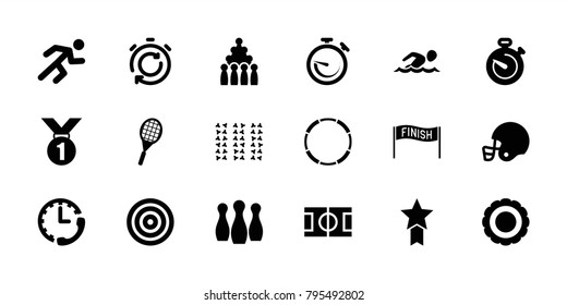 Competition icons. set of 18 editable filled competition icons: bowling, target, medal, award, running, stopwatch, tennis rocket, american football helmet, medal with star