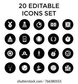 Competition icons. set of 20 editable filled competition icons such as bowling, volleyball, award, football on phone, goal post, olive branch, tennis ball, flag on moon