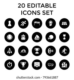 Competition icons. set of 20 editable filled competition icons such as sailboat, shuttlecock, running, trophy. best quality competition elements in trendy style.