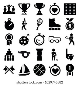 Competition icons. set of 25 editable filled competition icons such as field, ranking, stopwatch, bowling, roller skate, basketball, tennis playing, baseball player