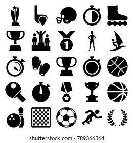 Competition icons. set of 25 editable filled competition icons such as chess board, trophy, roller skate, basketball, medal, stopwatch, olive branch, running, bowling