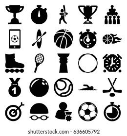 Competition icons set. set of 25 competition filled icons such as baseball player, basketball, trophy, football on phone, tennis rocket, hockey, swimming hat and glasses