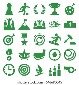 Competition icons set. set of 25 competition filled icons such as ranking, auction, snowboard, football ball, 1st place star, olive branch, football player, chess pawn