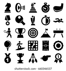 Competition icons set. set of 25 competition filled icons such as board game, stopwatch, tennis playing, trophy, football pitch, gymnastic apparatus, golf ball, whistle